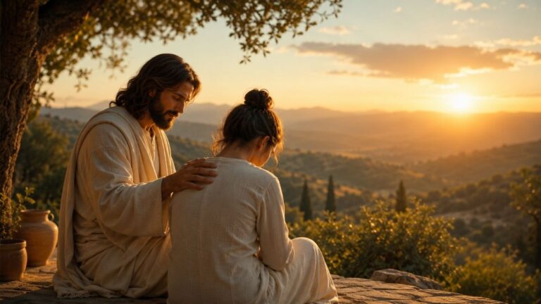 Dos personas en oración al amanecer, como expresión de gratitud por el cuidado de Dios.